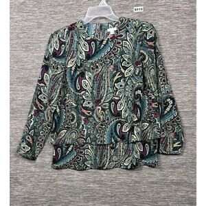J Jill Tiered Layered Paisley Floral Tunic Top Size XS Green Long Sleeve
